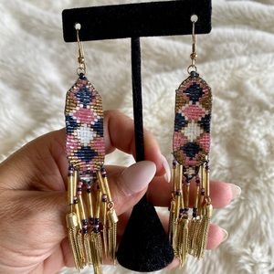 Pink, blue, and white bead with  gold chains dangling earrings
